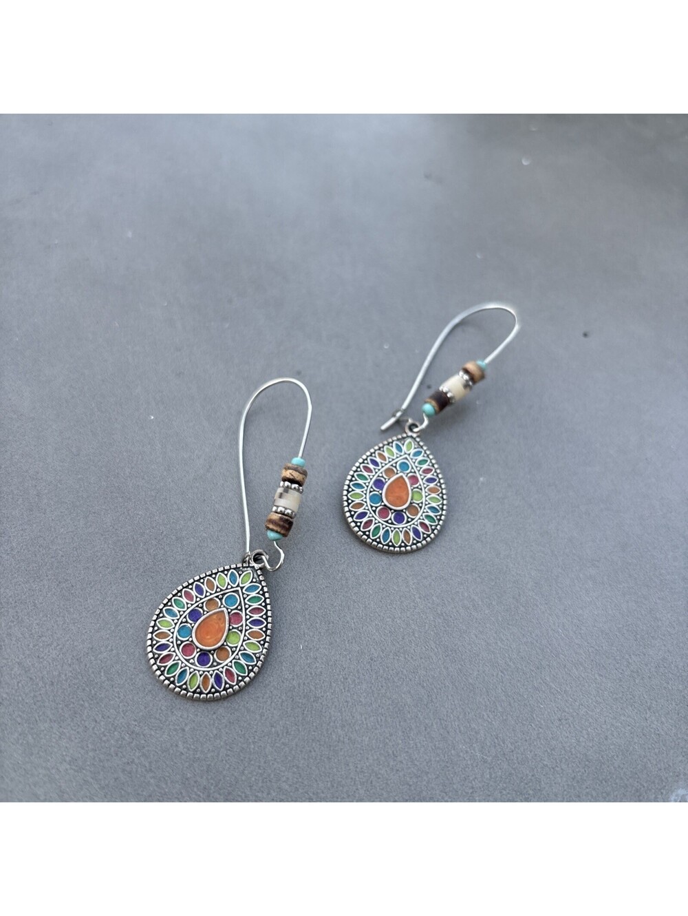 Bohemian Boho Multicolor Enameled Teardrop Earrings Dangle Silver tone Hook 2.5"
